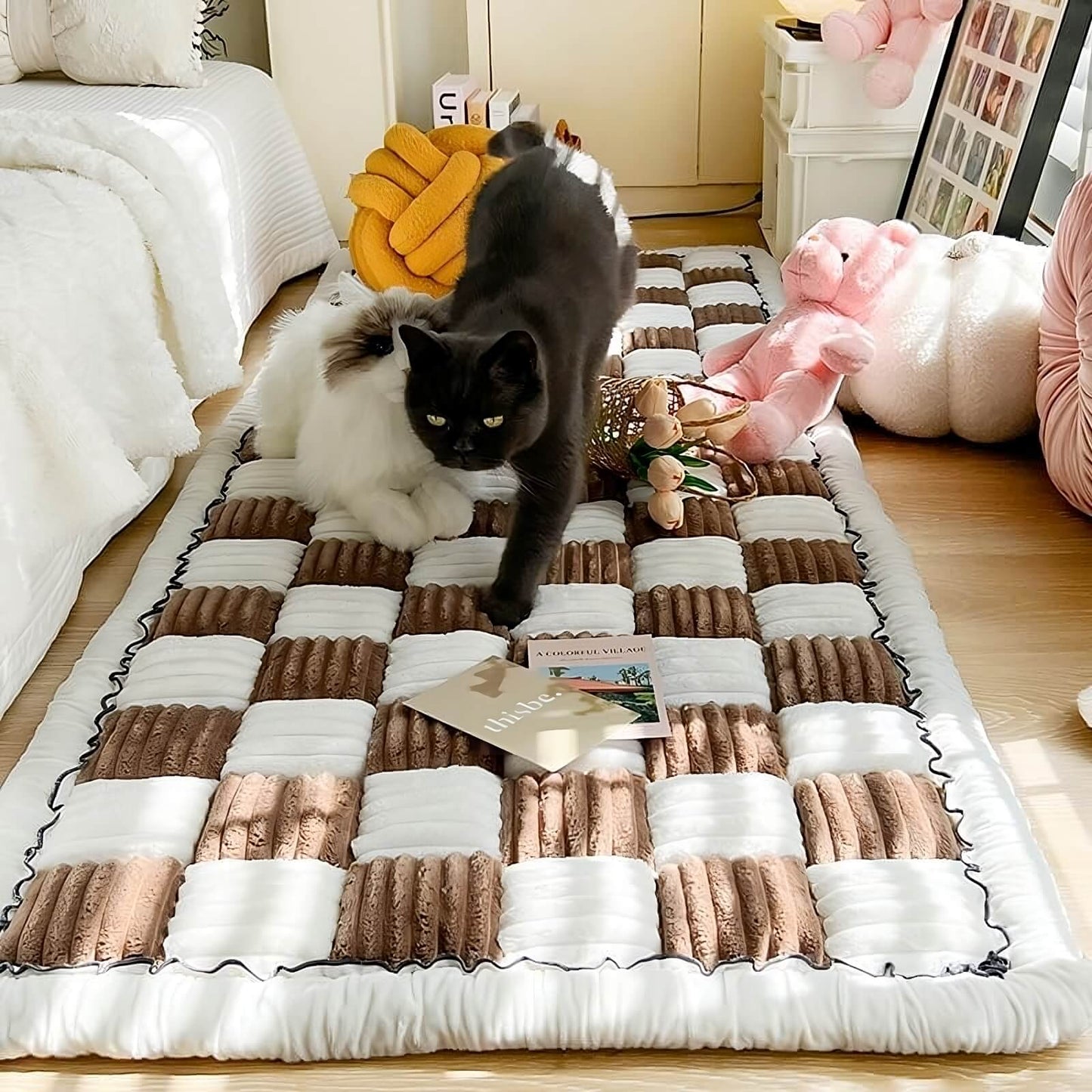 Comfy Bed & Couch Cover for Your Furry Friend | Creamy Checkered Square Pet Mat