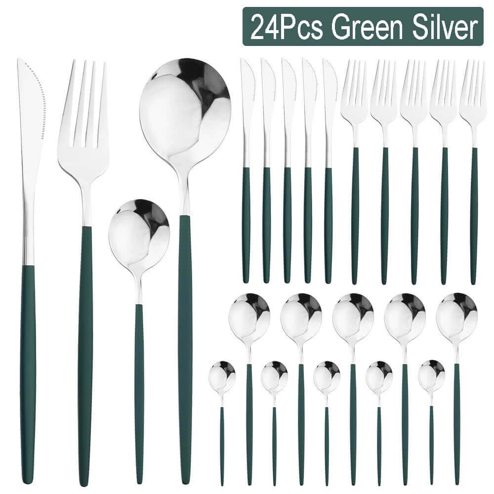 Luxury Silver Flatware Set, 24 PIECE of 18/10 Stainless Steel Cutlery Set