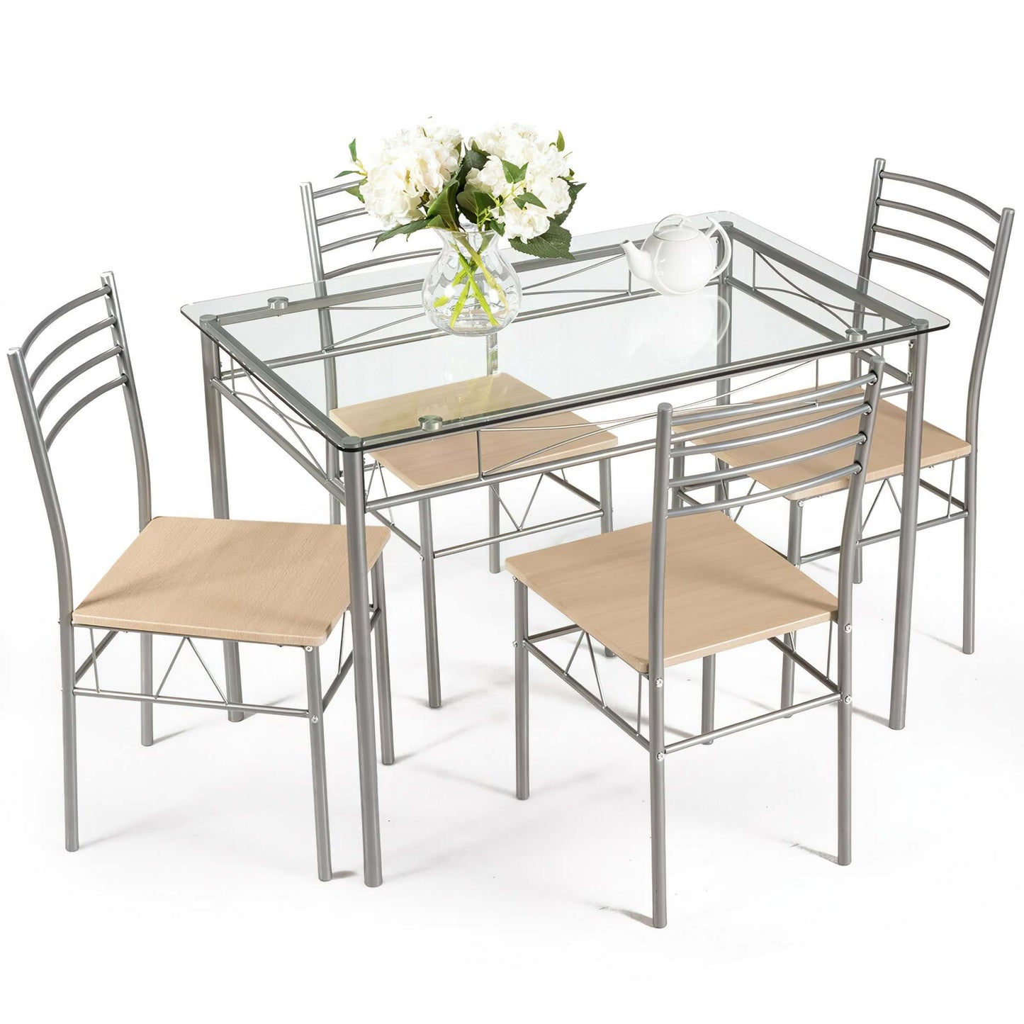 Trendy WETA 5 Piece Dining Set Table and 4 Chairs Glass Top Kitchen Breakfast Furniture