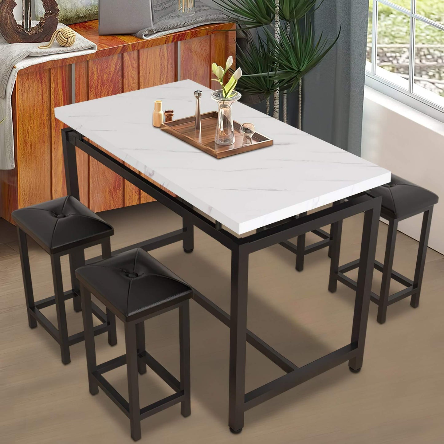 Compelling Marble Dining Set for 4 | Exceptional 5-Piece Wood & Metal Bar Table Set with 4 Upholstered Chairs