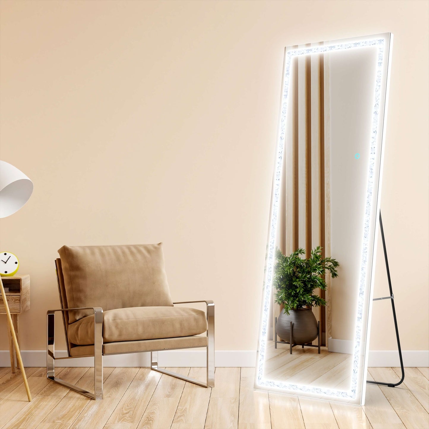 WETA® Upgraded  Deluxe Diamond 63" x 20" Full Body LED Mirror, White Free Standing Mirror, Wall Mounted Hanging Mirror Touch Control