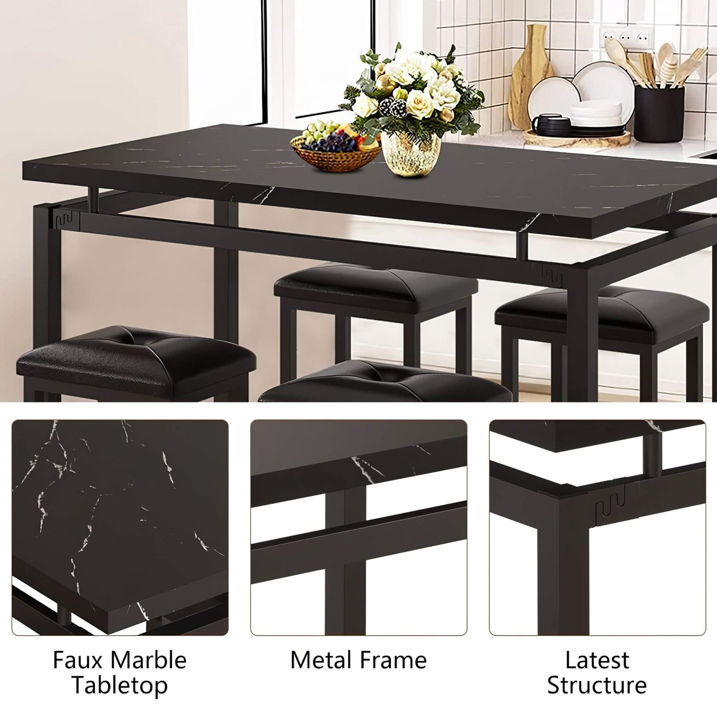 Compelling Marble Dining Set for 4 | Exceptional 5-Piece Wood & Metal Bar Table Set with 4 Upholstered Chairs