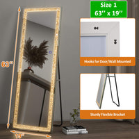Deluxe Diamond Led Over The Door Mirror With Lights, Silver Aluminum Alloy Frame Full Length Mirror With Stand