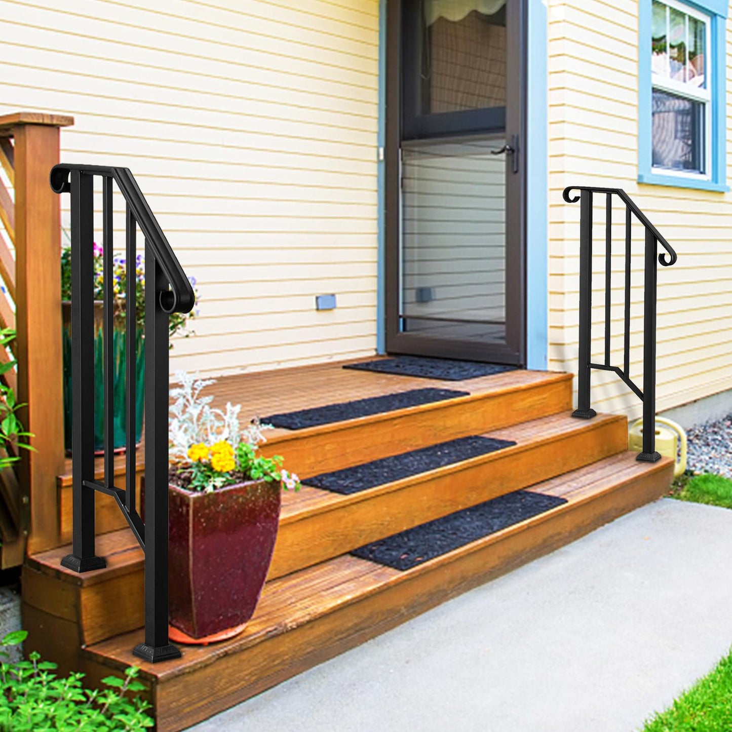 Premium Black Outdoor Stair Railing Models for 3-4 Steps, 2-3 Steps or 1-2 Steps , Iron Hand Rails for Concrete Steps