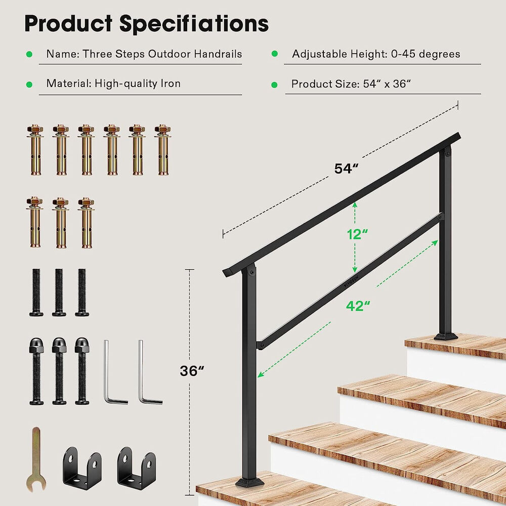 1-4 and 1-5 Steps Black Outdoor Stair Railings : Enhance Safety and Style with Premium Quality Wrought Iron Hand Rail