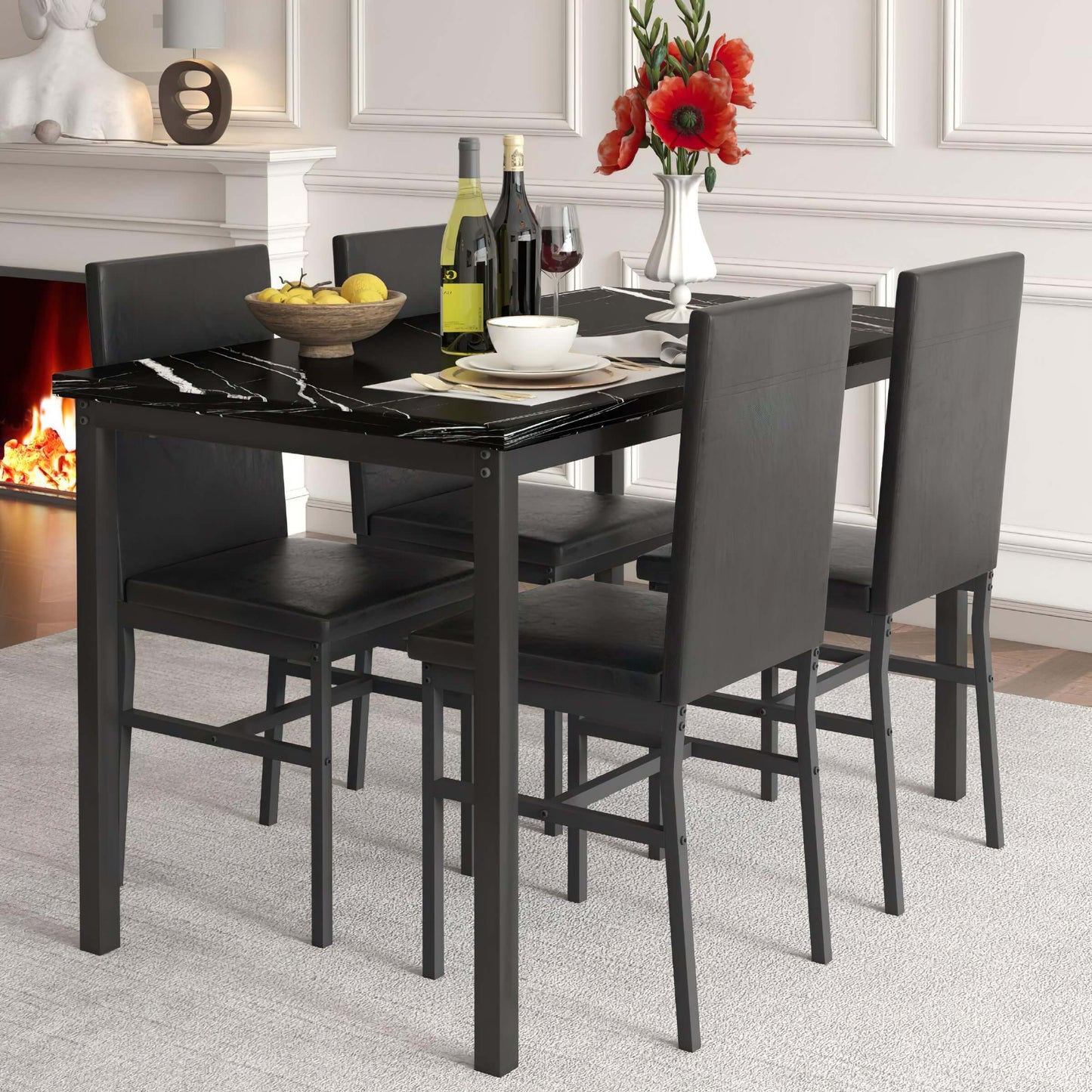 Enchanting WETA 5 Piece Dining Table Set: Contemporary Faux Marble Tabletop with 4 PU Leather Upholstered Chairs