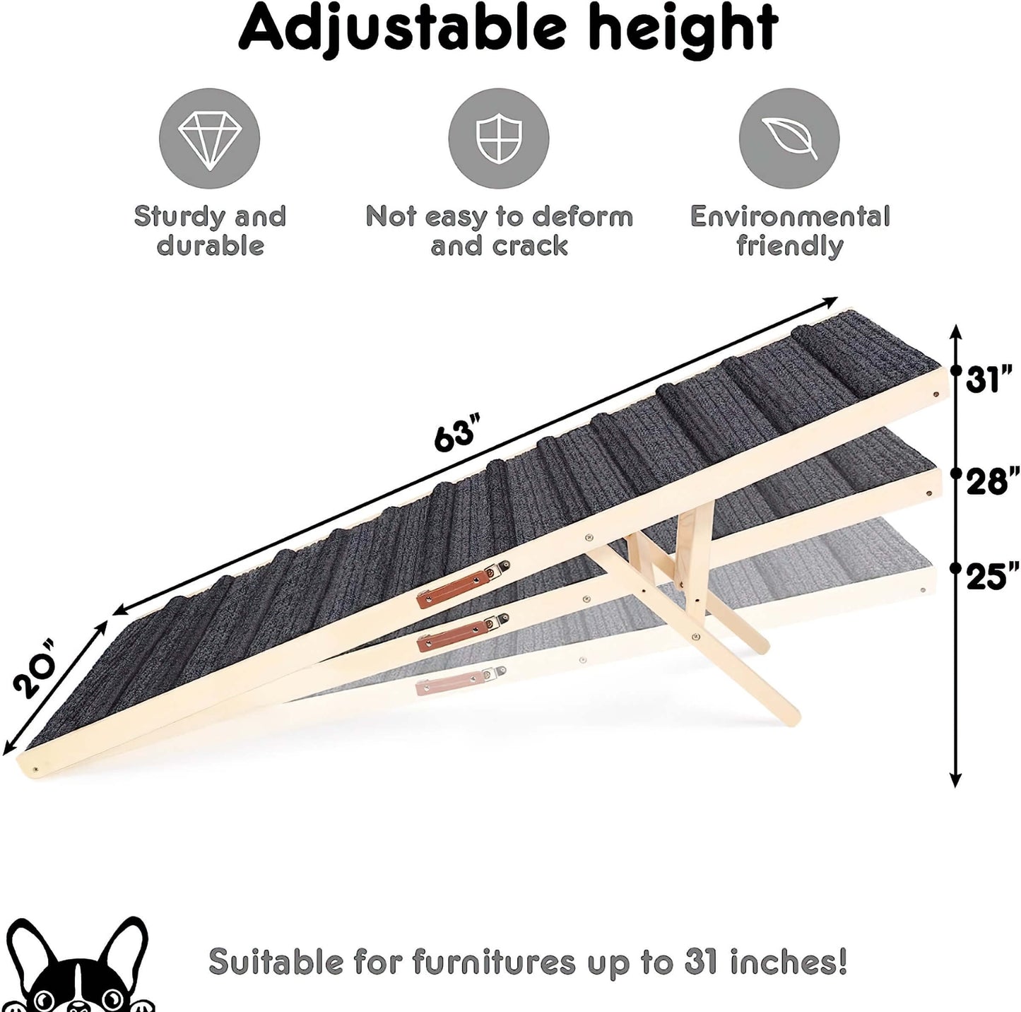 63" x 20" Premium Quality Dog Ramp for Bed and Car Heavy Duty Wood Petramp Stairs, Doggy Steps for Tall High Bed