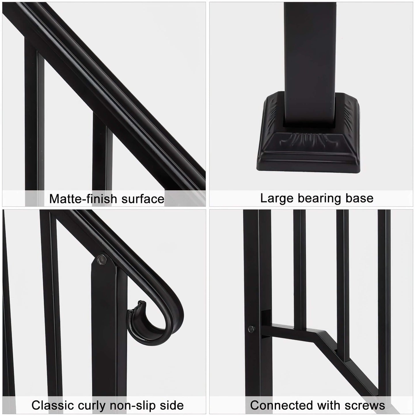 1-2 Steps Premium Outdoor Stair Railing, Black Iron Hand Rails For Concrete Steps