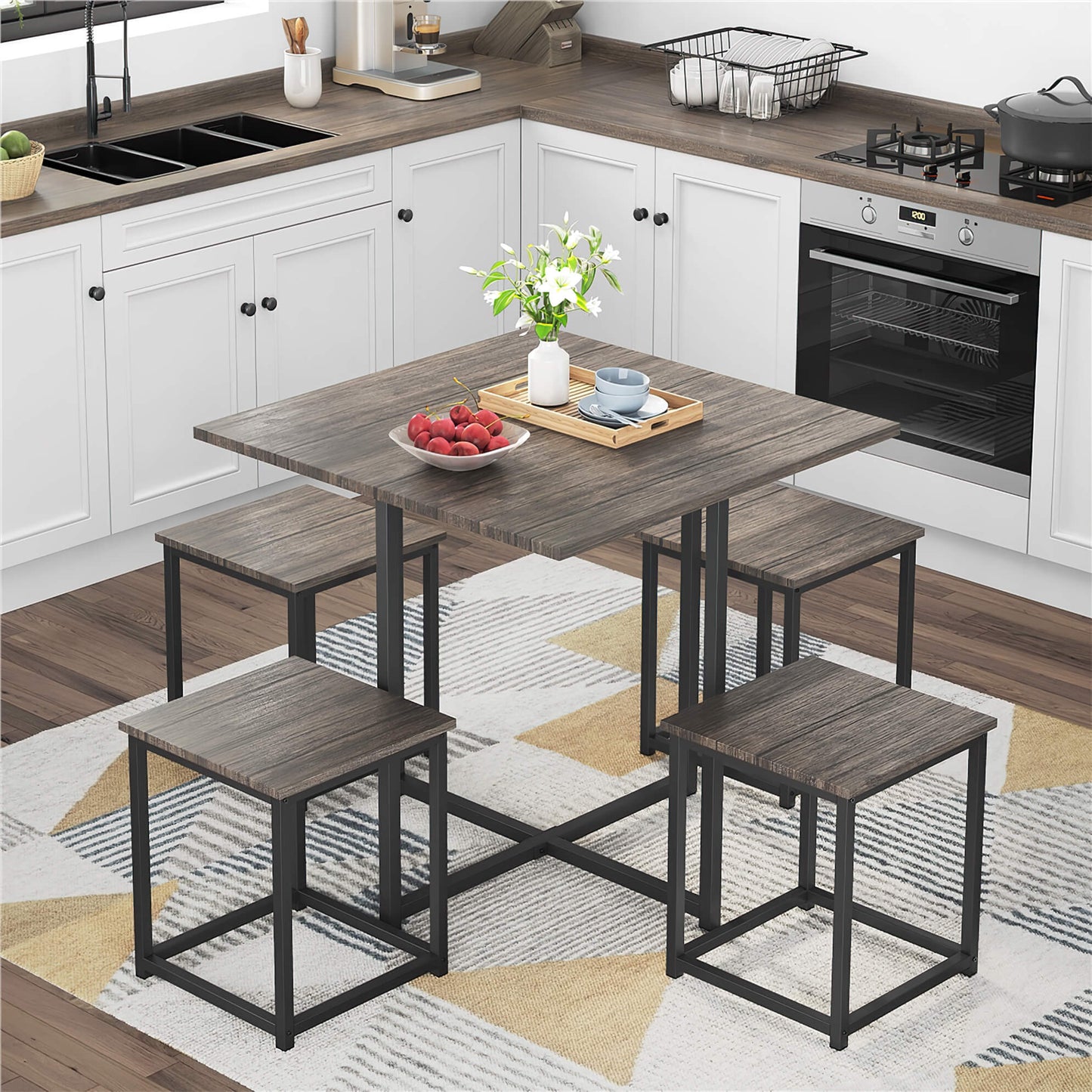 Stylish & Space-Efficient WETA 5 Piece Dining Set with Square Table 4 Backless Stools