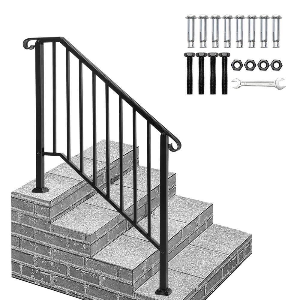 3-4 Steps Premium Outdoor Stair Railing, Black Iron Hand Rails For Concrete Steps