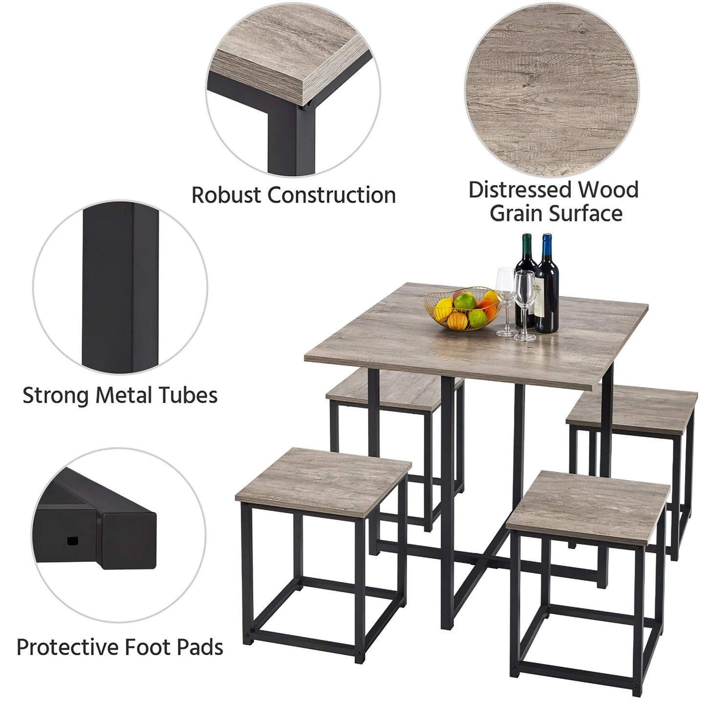 Stylish & Space-Efficient WETA 5 Piece Dining Set with Square Table 4 Backless Stools
