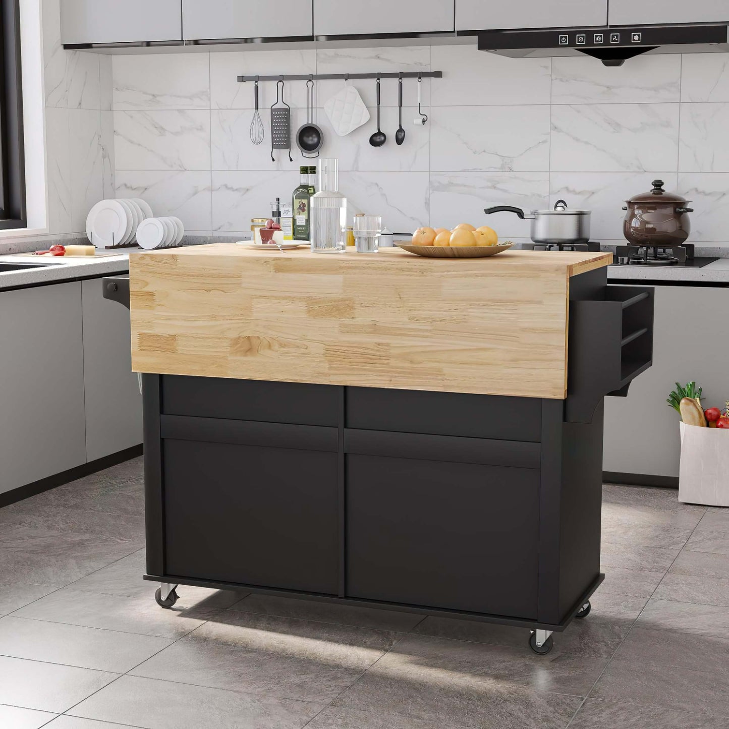 WETA® Rolling Kitchen Island with Drop Leaf, Rubber wood Countertop, Lockable Casters and Adjustable Shelves