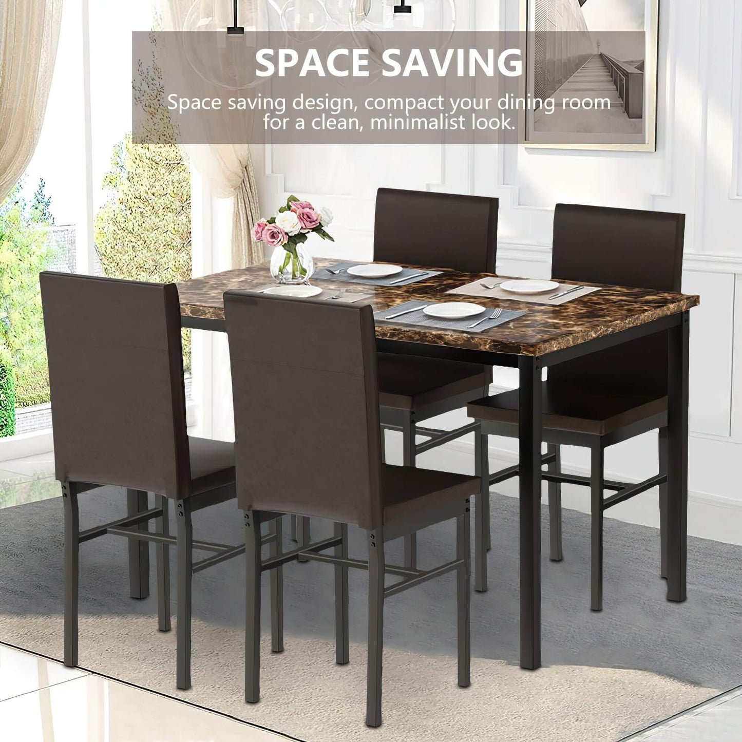 Enchanting WETA 5 Piece Dining Table Set: Contemporary Faux Marble Tabletop with 4 PU Leather Upholstered Chairs