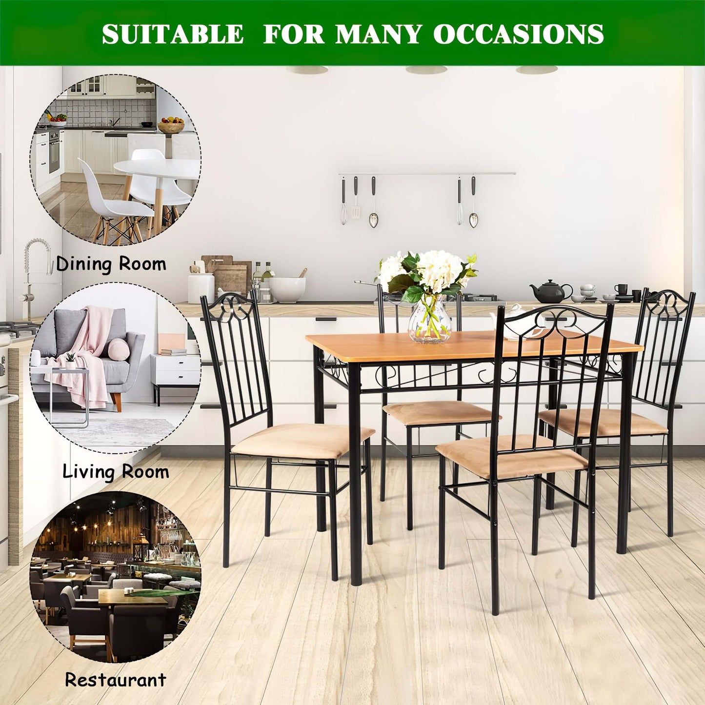 Sleek Weta 5-Piece Dining Set: 42" Wood Metal Table and 4 Chairs